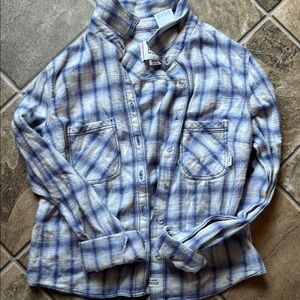 Blue and White Urban Outfitters Cropped Plaid Button-Up Shirt